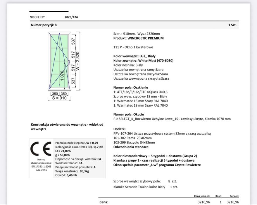Nowe okno , winergetic premium Wink haus 230 cm x91 cm