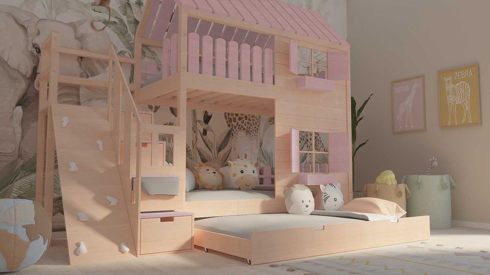 Łóżko piętrowe domek ze schodami i ścianką wspinaczkową