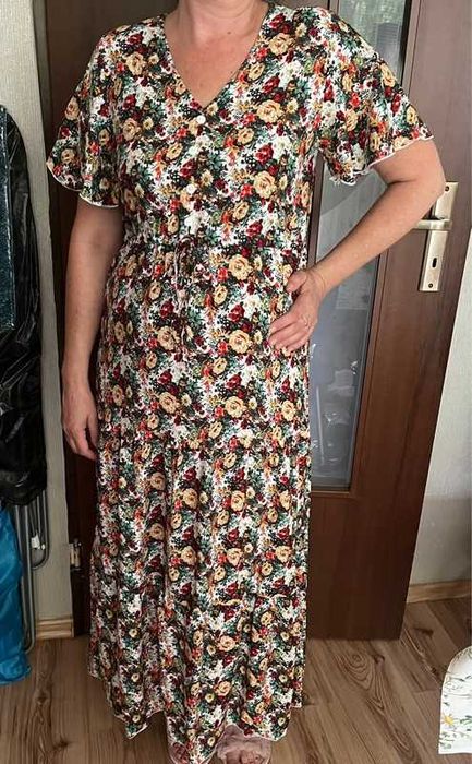 Sukienka długa maxi kwiaty dół falbana wygodna wiązana