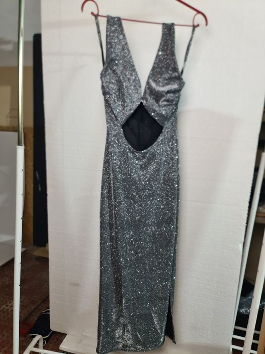 Vestido de gala senhora brilhante cinza M