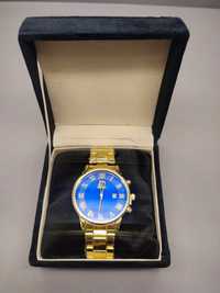 Nowy zegarek męski na pozłacanej bransolecie niebieska tarcza
