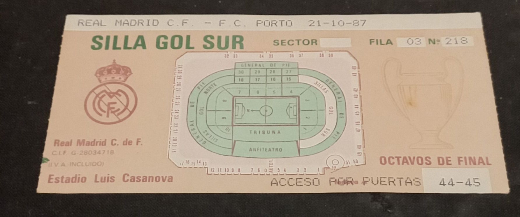 Bilhete do Jogo Real Madrid-FC Porto, 1987.