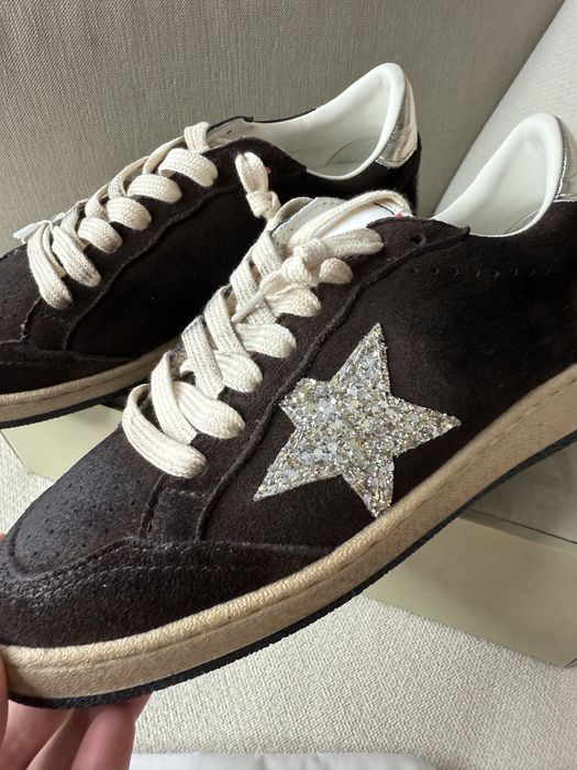 Жіночі кеди Golden Goose BALL STAR шоколадні, зірка з глітеру