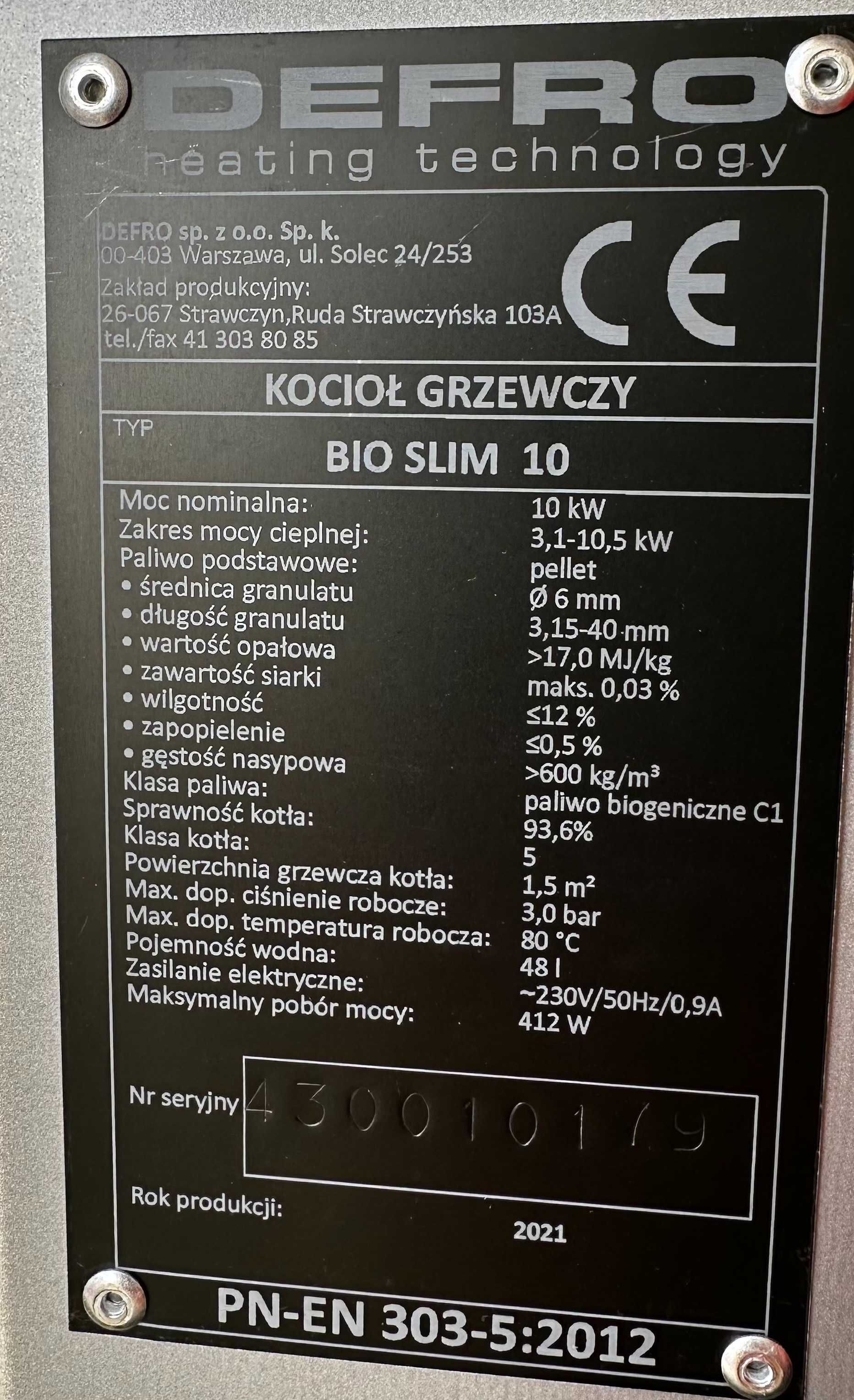 Kocioł DEFRO BIO SLIM 10kW na pellet 5 klasa EcoDesign