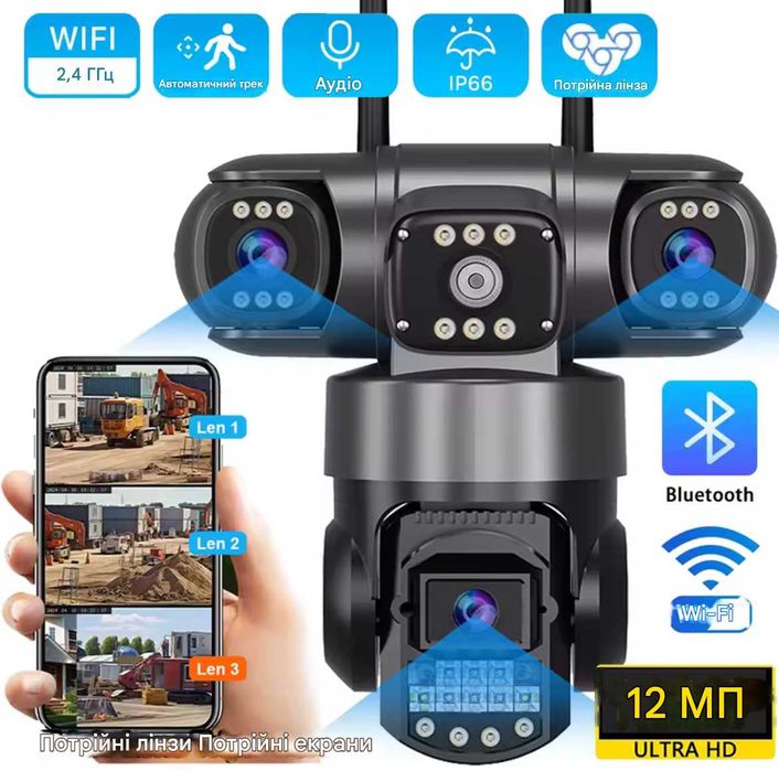 Уличная поворотная камера V380PRO видеонаблюдения на 3 линзы 12MP