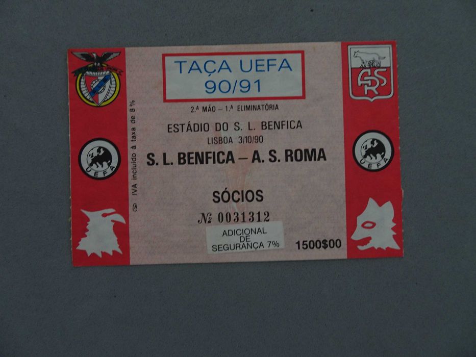 Bilhete de futebol Benfica Roma Taça UEFA 90/91