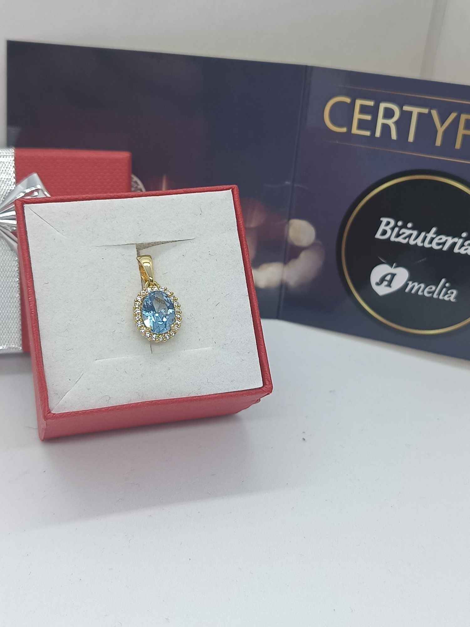 Złota duża zawieszka markiza błękitna Ala topaz żółte złoto pr 585