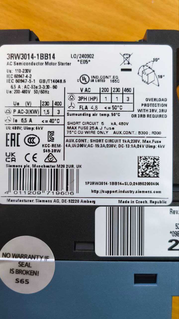 Устройства плавного пуска Siemens 3RW30 3 кВт 6.5 А 3RW3014-1BB14