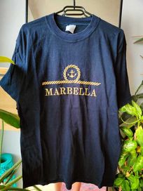 Granatowy mięsisty haftowany t-shirt Marbella vintage luźny oversize