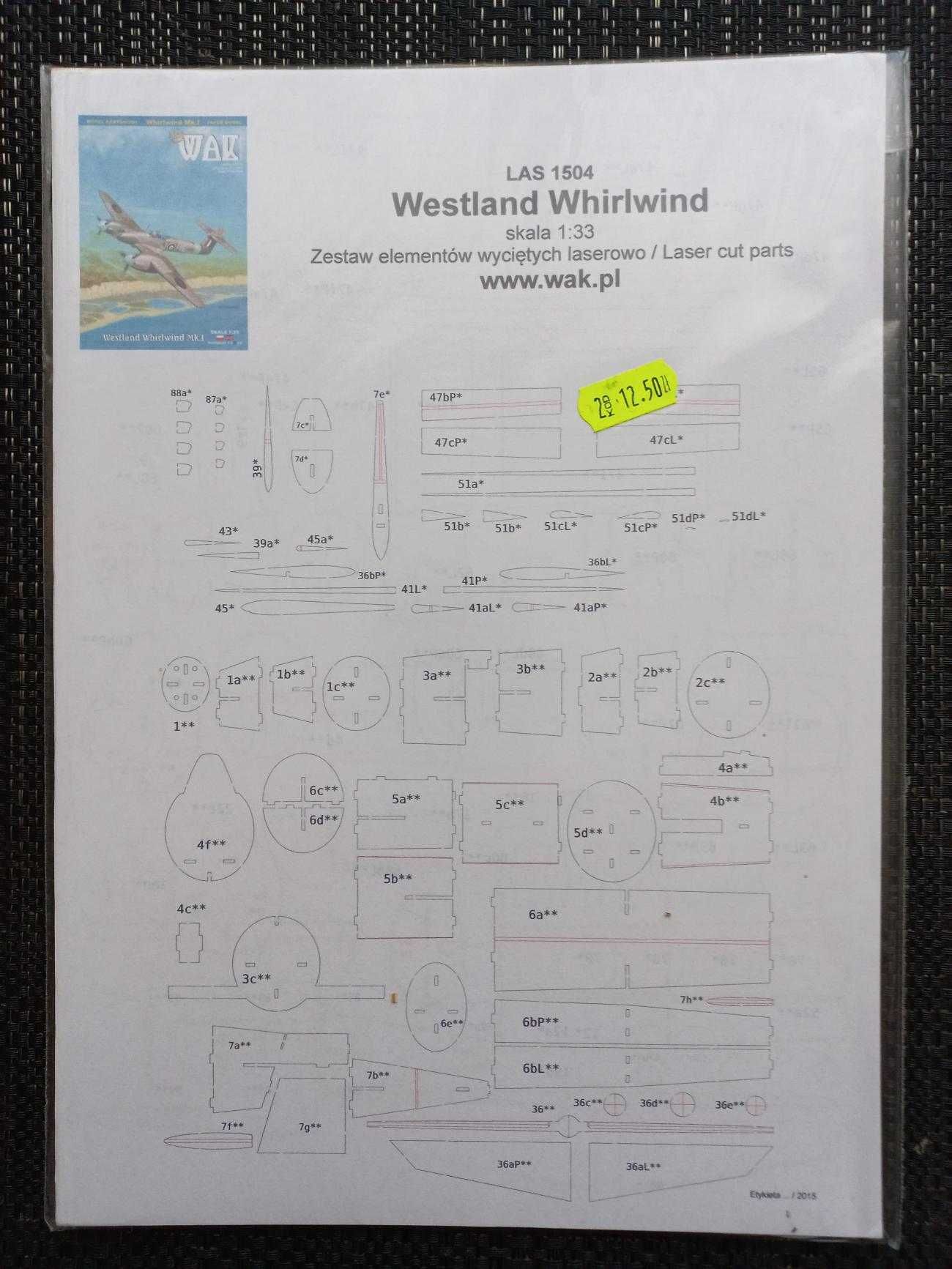 Model Kartonowy WAK 4/2015 Samolot Westland Whirlwind Mk.I + LASERY