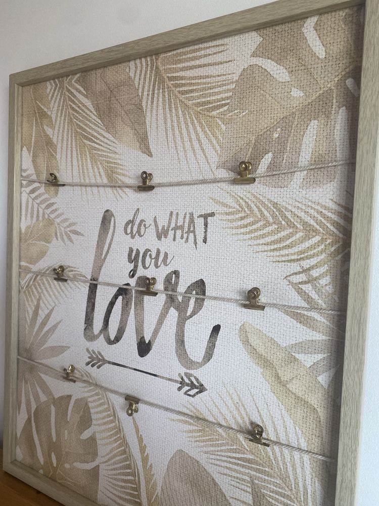 Quadro porta fotos com molas “do what you love” plantas beje