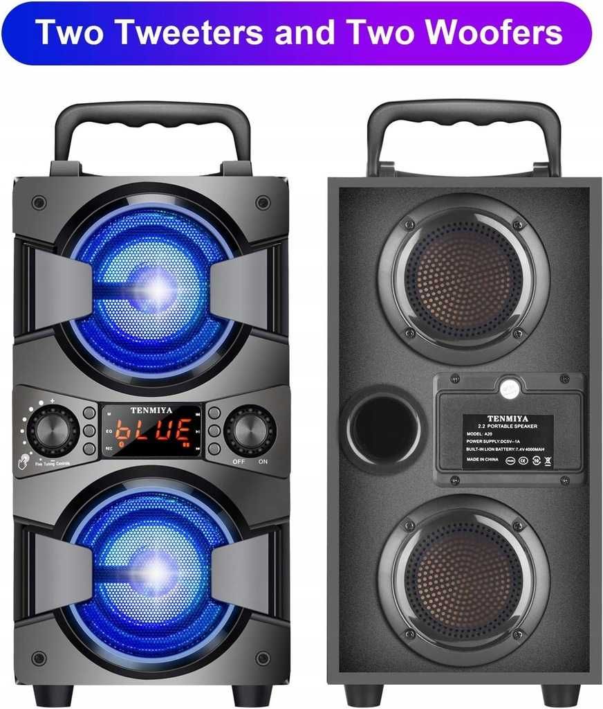 TENMIYA A20 – głośnik Bluetooth z mikrofonem, LED i radiem FM 60W