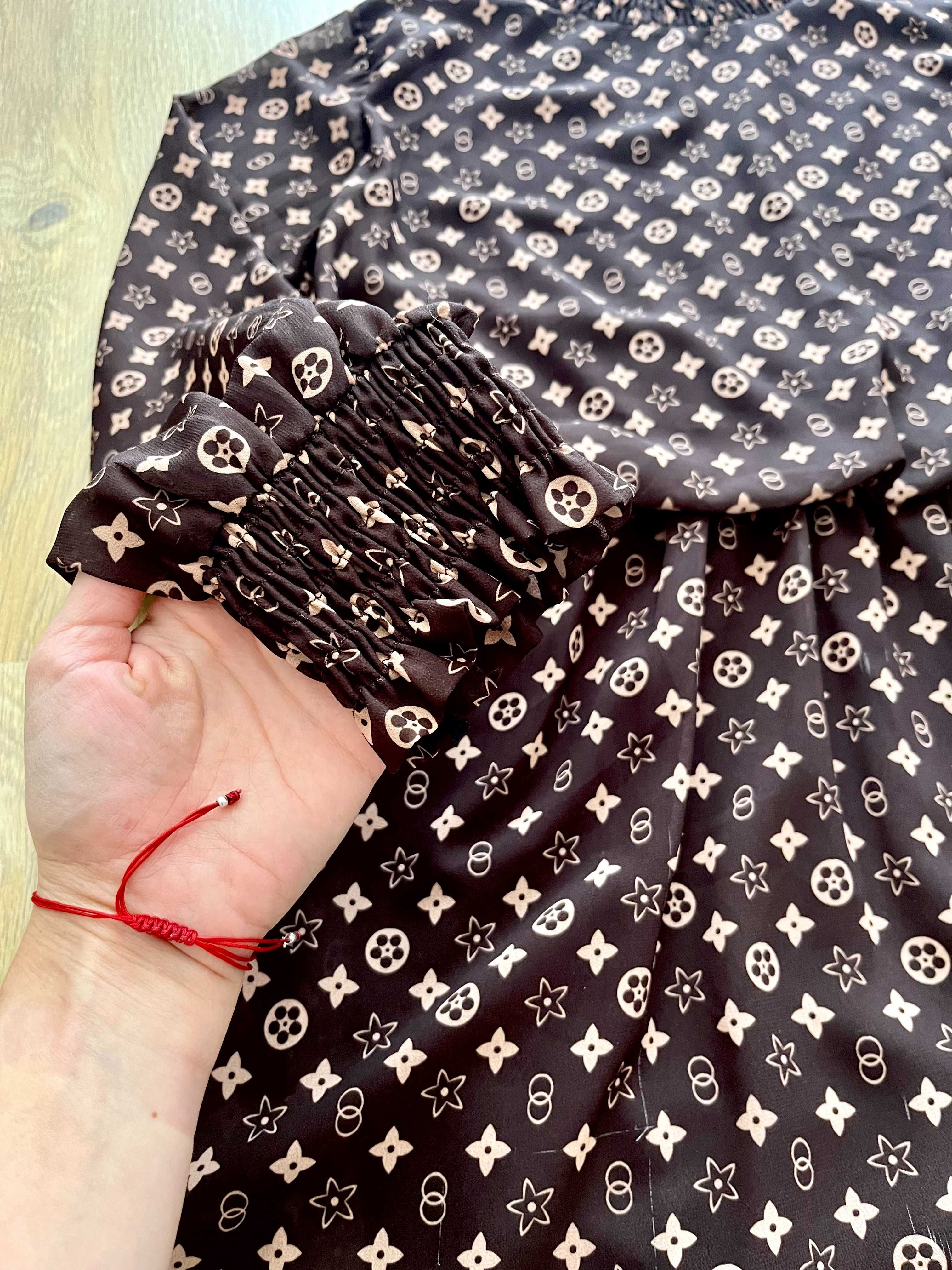 Sukienka długi rękaw luźna taliowana print wzorki brązowa butik casual