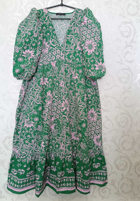 євро 46 / 50-52-54 довга сукня зелена в рожевих квітах бавовна платье
