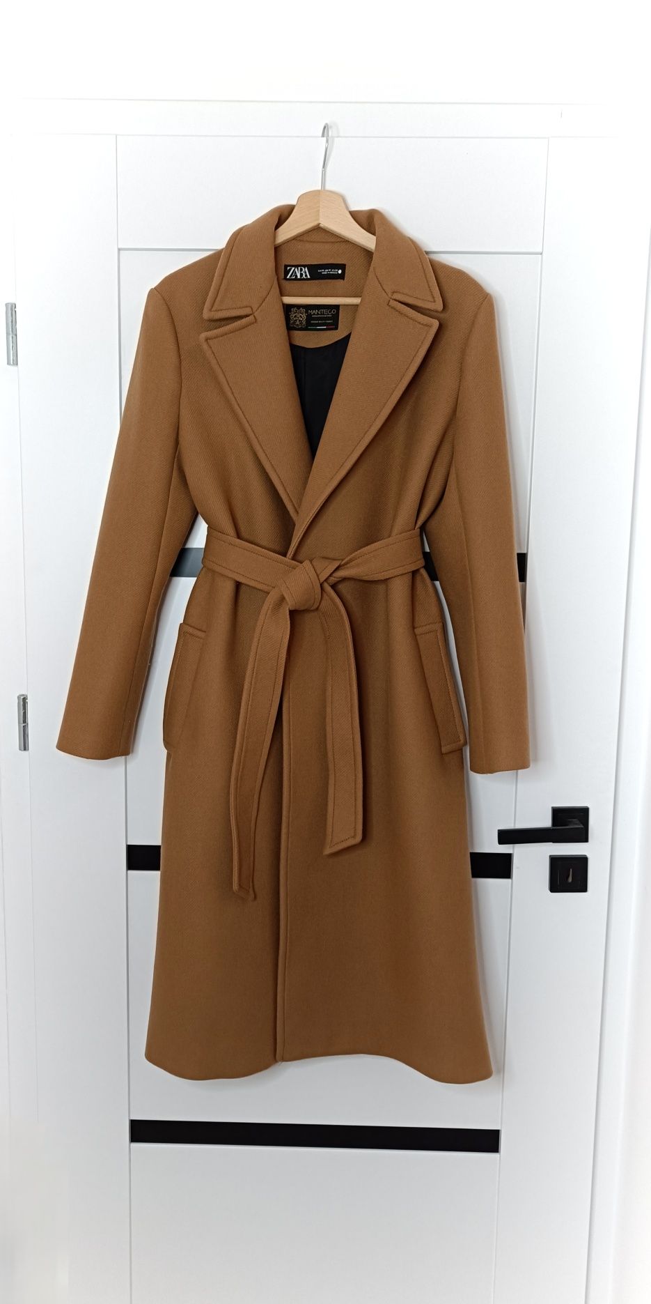 Zara długi płaszcz zimowy z paskiem wiązany 75% wełna camel