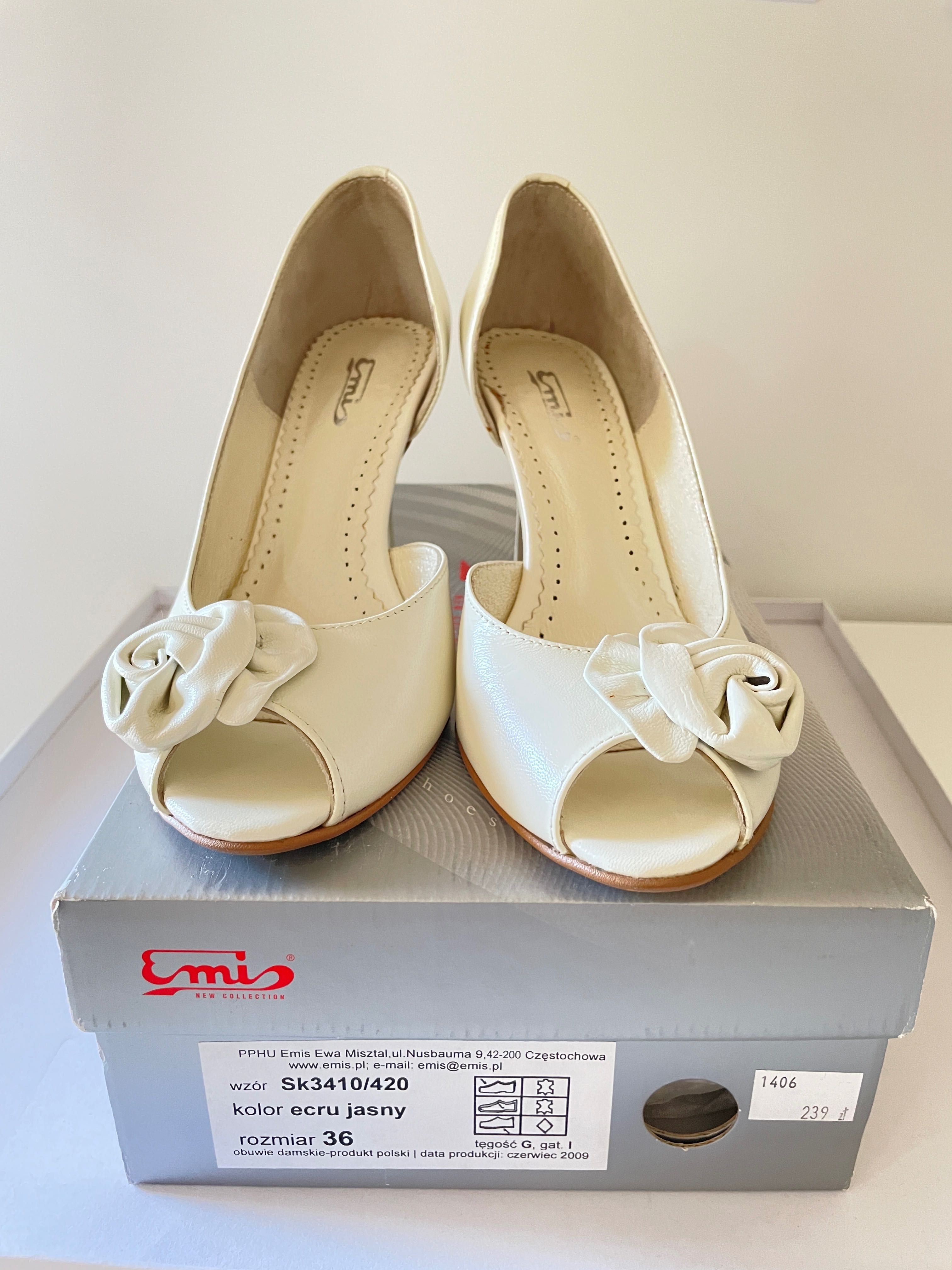 Buty ślubne szpilki skórzane ecru jasne rozmiar 36