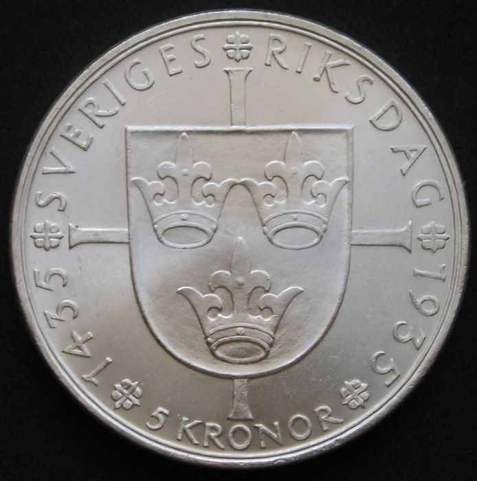 Szwecja 5 koron 1935 - król Gustaw - srebro - stan menniczy -