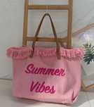 Torba plażowa BOHO z frędzlami różowa z haftem Summer Vibes NOWA