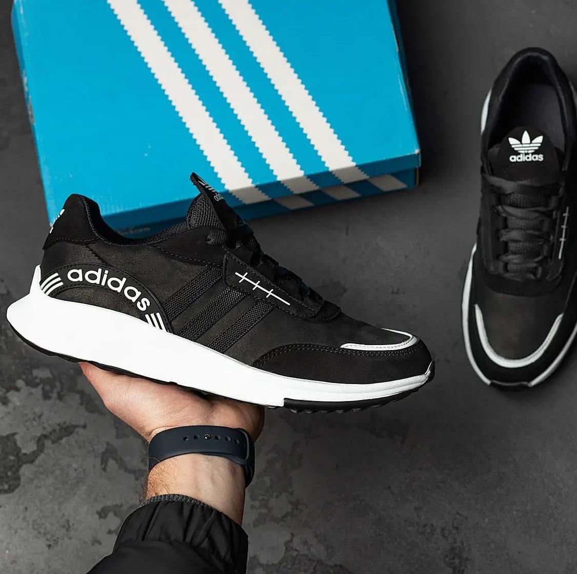 ТОП. Кроссовки черные на белой подошве мужские Adidas натуральная кожа