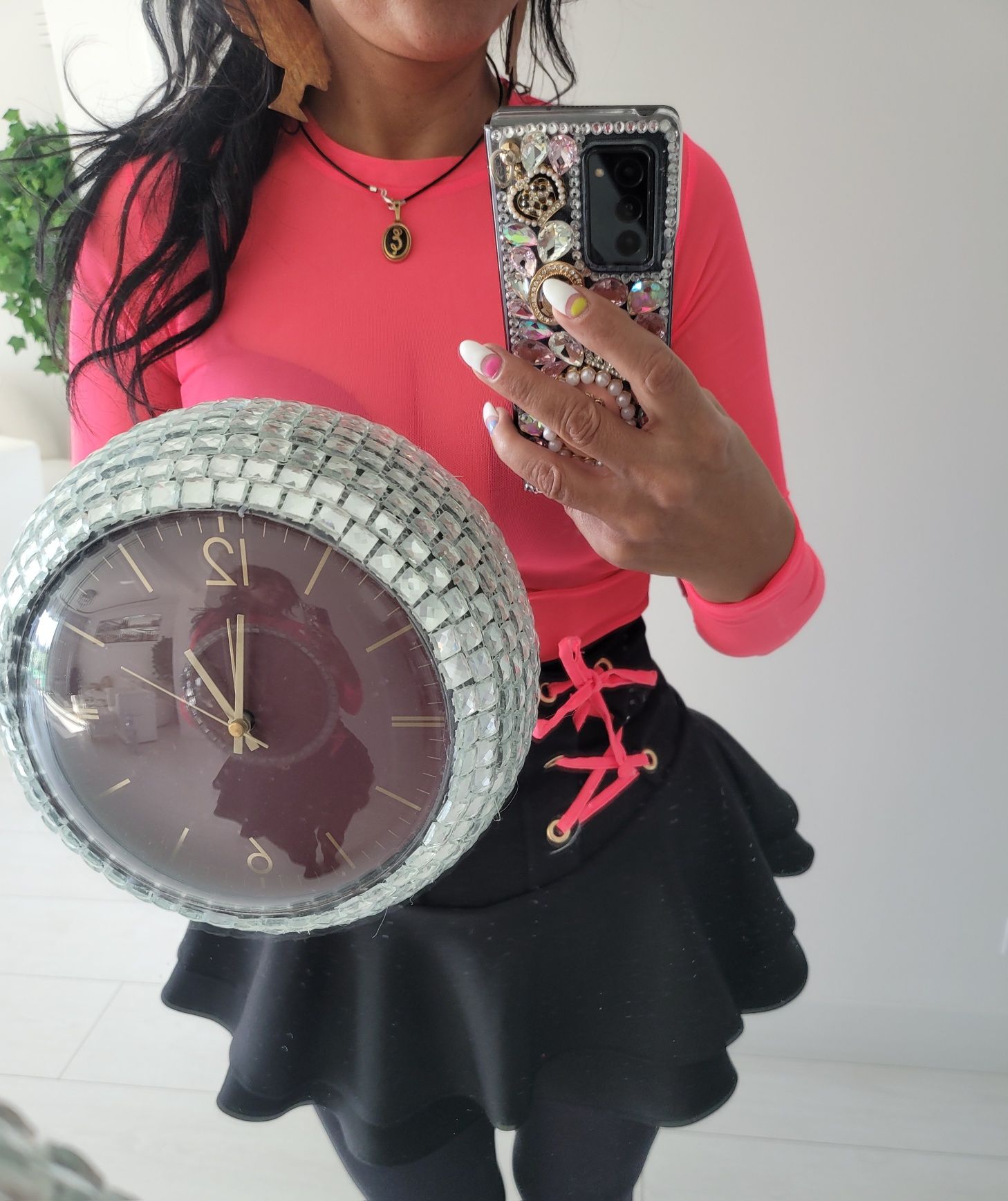 Zegar handmade glamour krysztalki lustro okrągły koło ścienny
