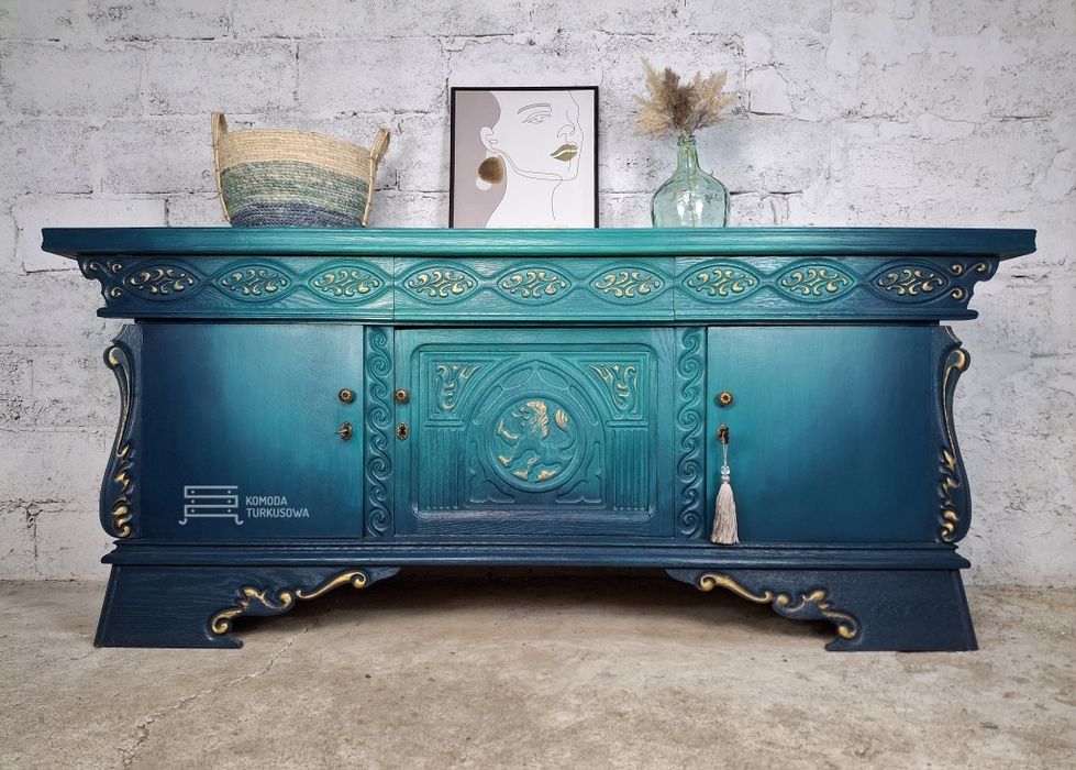 Komoda dębowa ANTYK rzeźbiona VINTAGE z lwem turkusowa