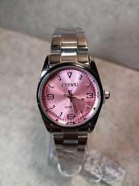 Zegarek damski różowy, srebrna bransoleta.