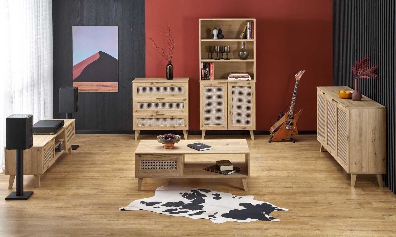 Szafa na nóżkach BORNEO S-1 plecionka wiedeńska, dąb artisan/czarny