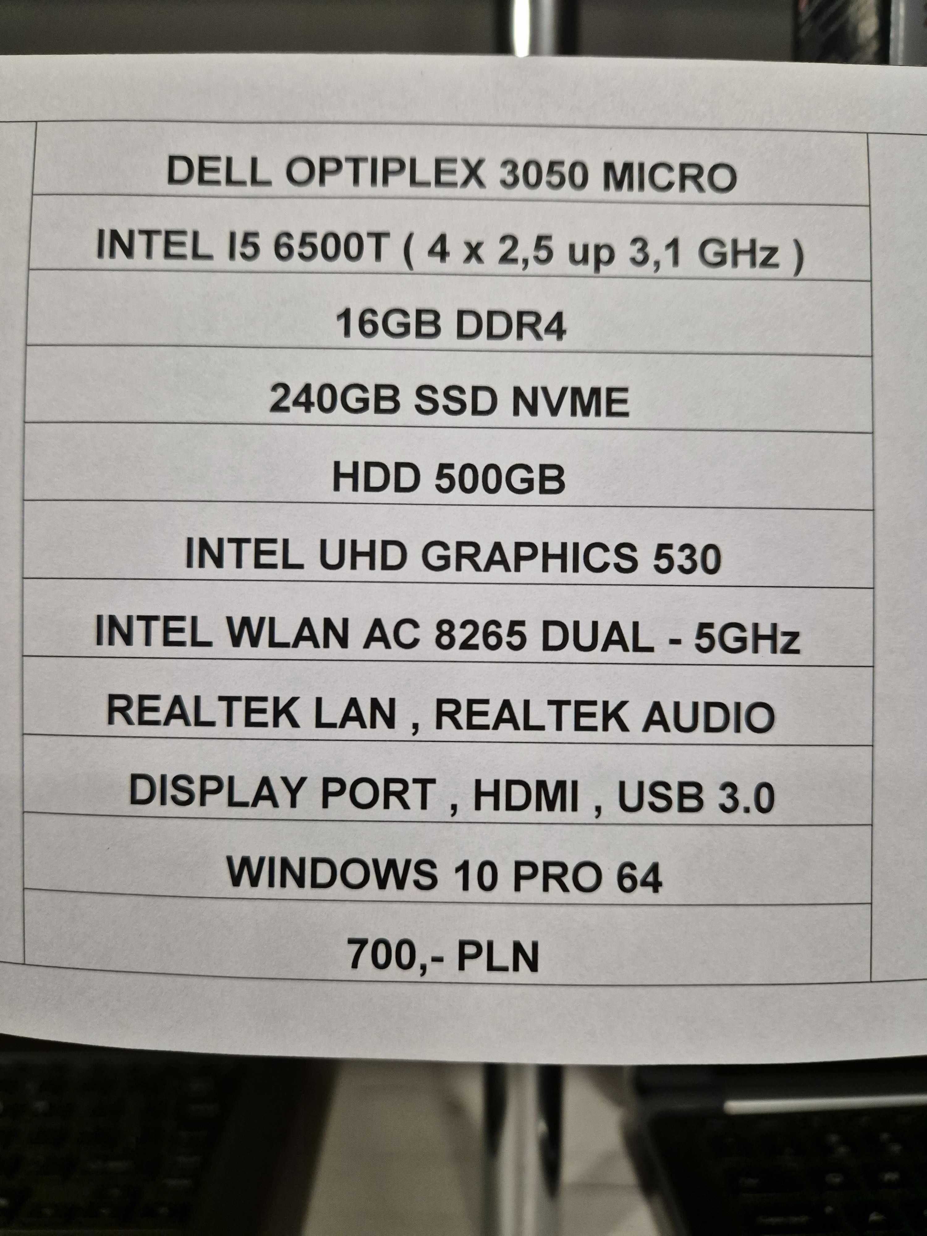 Komputer Dell Intel I5 6500T 16Gb ddr4 240 SSD 500 HDD