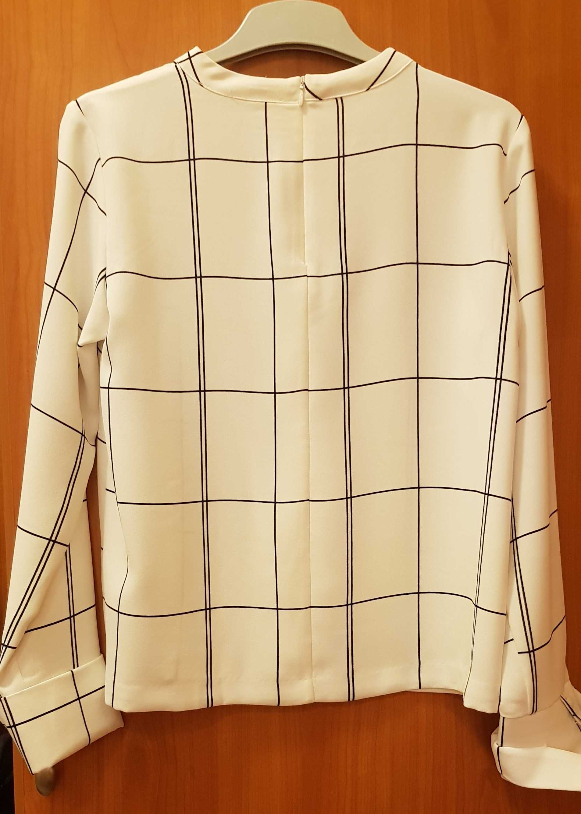 Bluzka damska biała z szeroką czarną kratą firmy H&M, rozmiar 38.