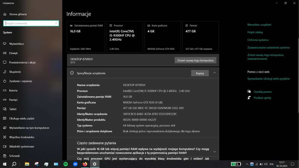 Laptop Lenovo Legion Y540-17 i5-9300HF / 16GB / 512 / Geforce GTX1650