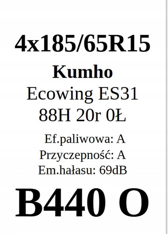 4x 185/65r15 Kumho Ecowing Es31/88h 2020r A/A/69dB 7mm Jak Nowe