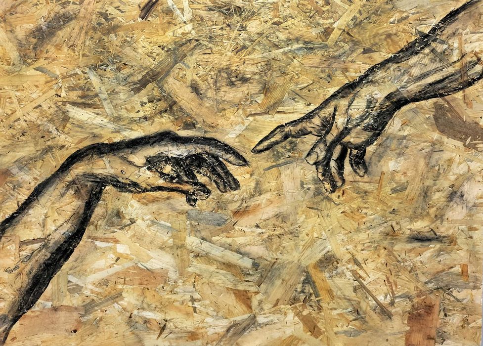 "Stworzenie" Duży obraz malowany węglem na płycie OSB