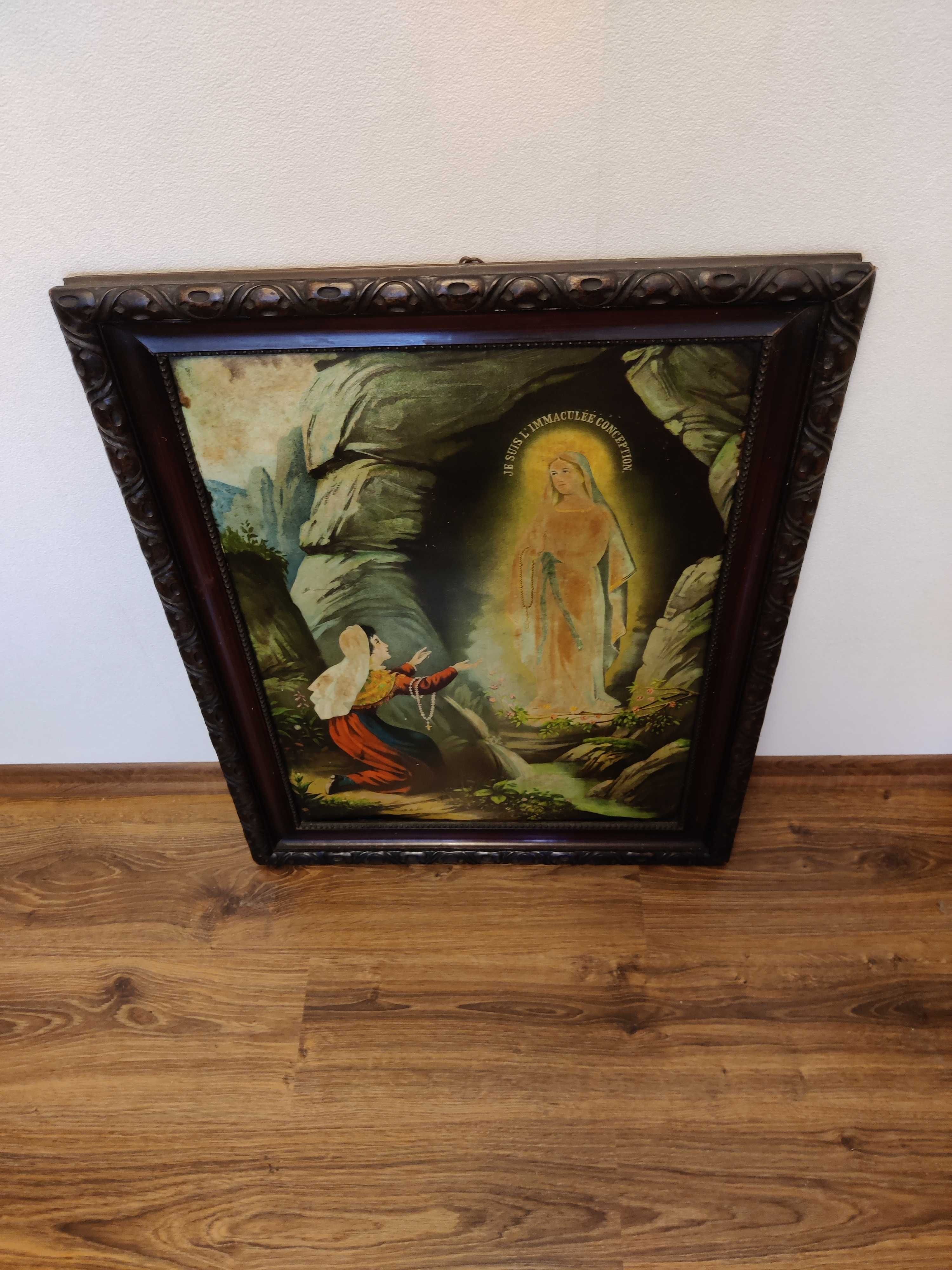 Stary Obraz Objawienie Matki Boskiej w Lourdes. Rama Drewniana 65/84cm