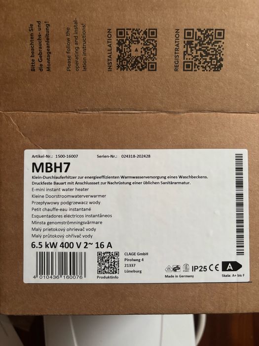 Przepływowy podrzegwacz wody clage MBH7