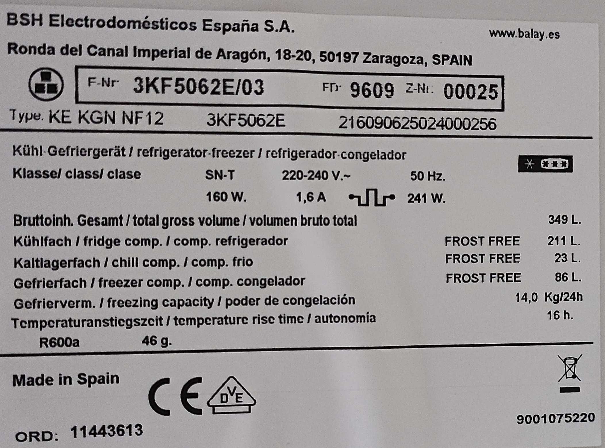 Frigorífico Combinado Balay 320L A++
