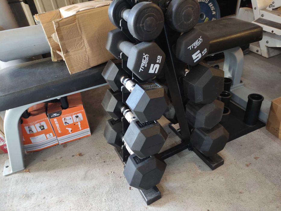 Hantle żeliwne ogumowane HEX stojak 2x5kg 2x7,5kg 2x10kg 2x12,5kg
