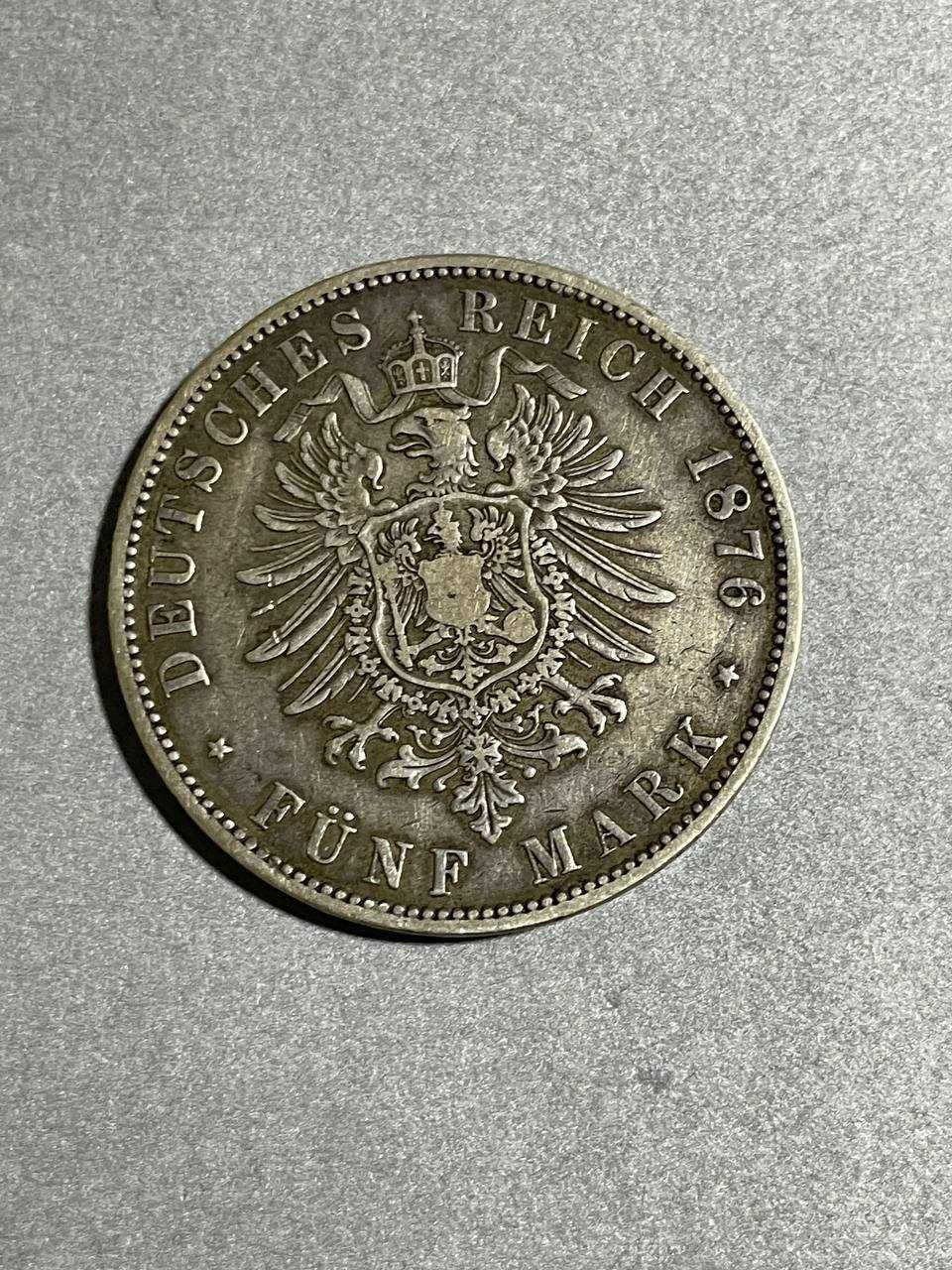 Германская империя Пруссия 5 марок 1876 год серебро 27.77 грам.900 пр.