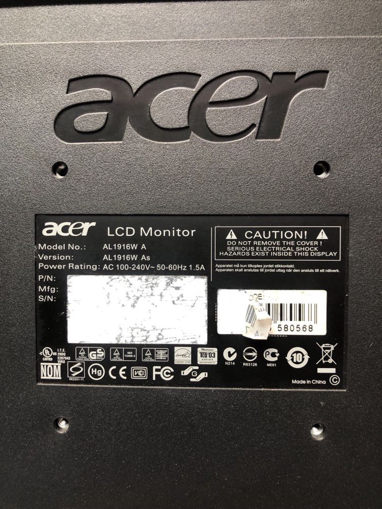 Монітор ACER LCD дюйм 19 60 Гц