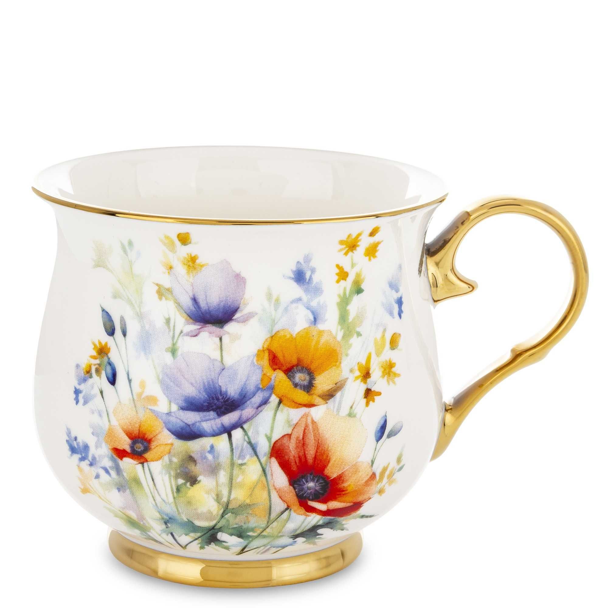 Kubek Porcelanowy Filiżanka do Kawy Herbaty 450 ml Biały Kwiaty Złoty