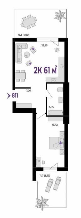 2к квартира 61 м.кв. з власним патіо