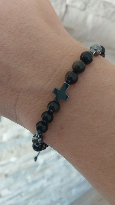 Bransoletka męska z obsydianem i hematytem.