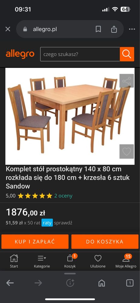 Komplet stół z 6 krzesłami do salonu Sandow