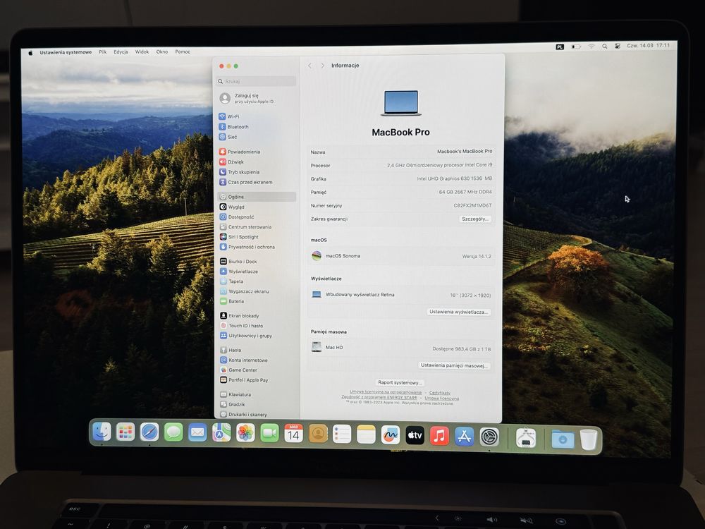 Apple MacBook Pro 16’ 2019r. 1TB dysk, 64GB RAM, i9 2.4 GHz, OKAZJA!