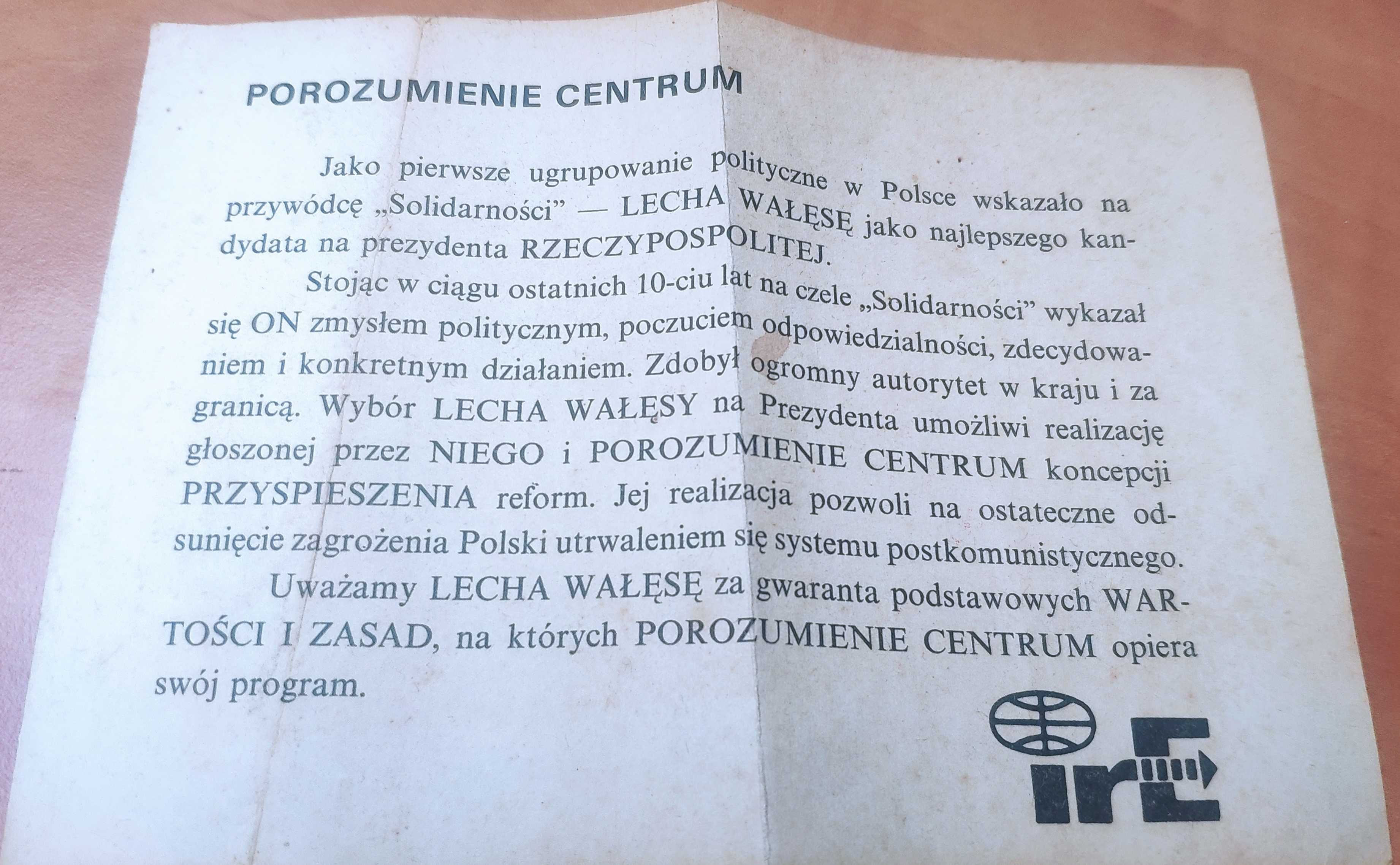 stara ulotka Porozumienie Centrum Lech Wałęsa na prezydenta vintage