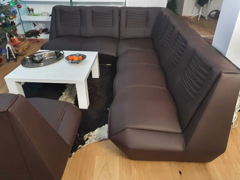 Duży Klasyczny Skórzany Narożnik + Fotel Czekolada Zestaw