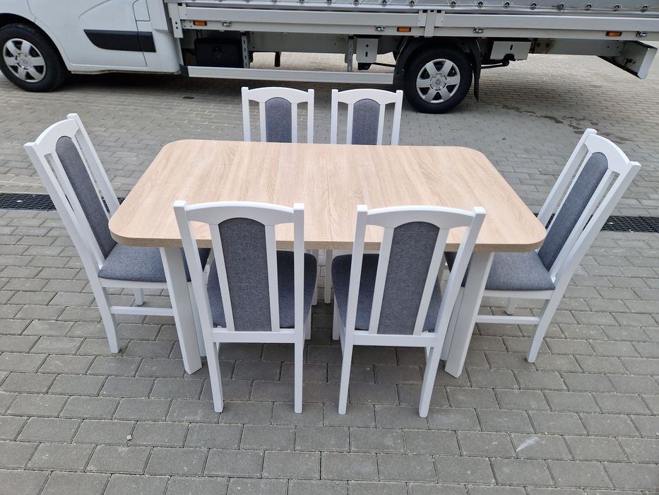 Nowe: Stół 80x140/180 + 6 krzeseł, biały/sonoma + szary, transPL