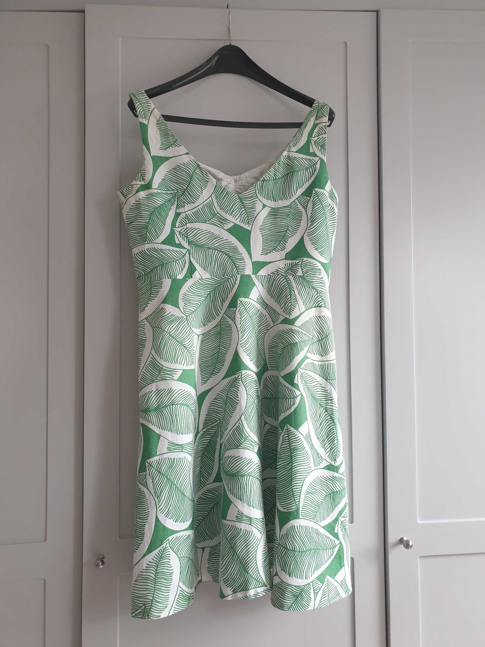 Lniana sukienka Hobbs 40 w kwiaty zielona biała