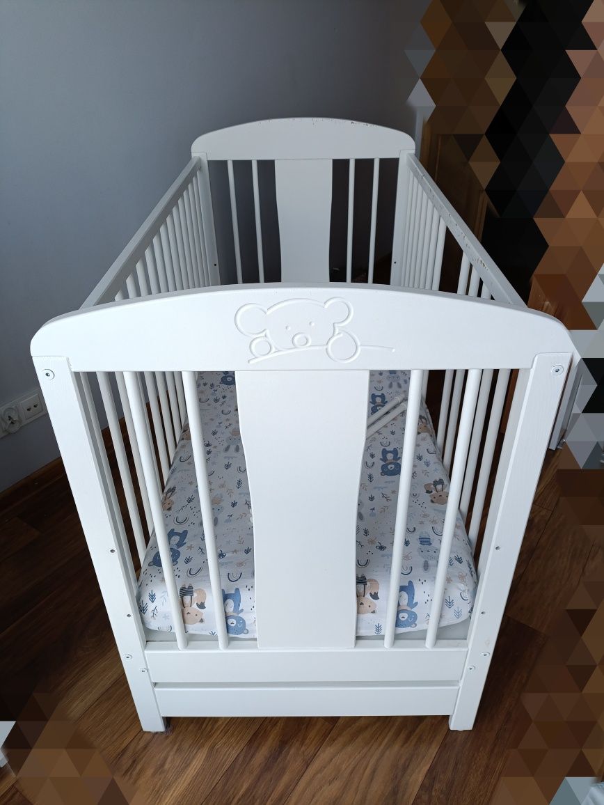 Łóżeczko drewniane białe 60x120 z szufladą,3 poziomy regulacji