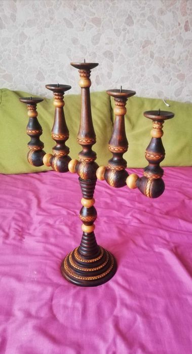 PRL stylowy świecznik 5-ramienny drewniany toczony OKAZJA