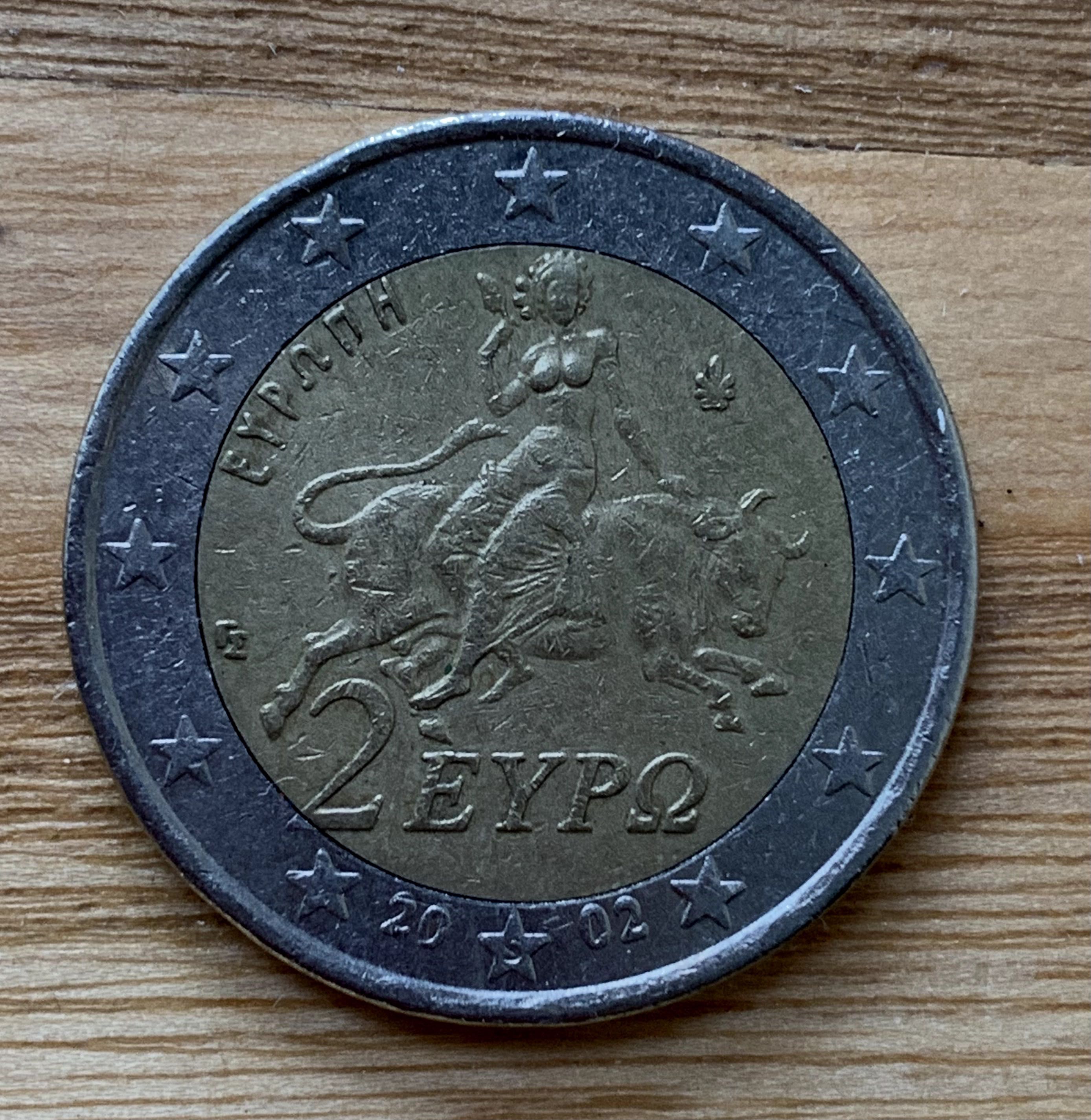 Монета 2 євро 2002,"Викрадення Європи Зевсом",Греція